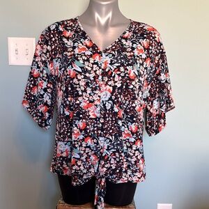 Floral V-Neck Blouse in Black and Red